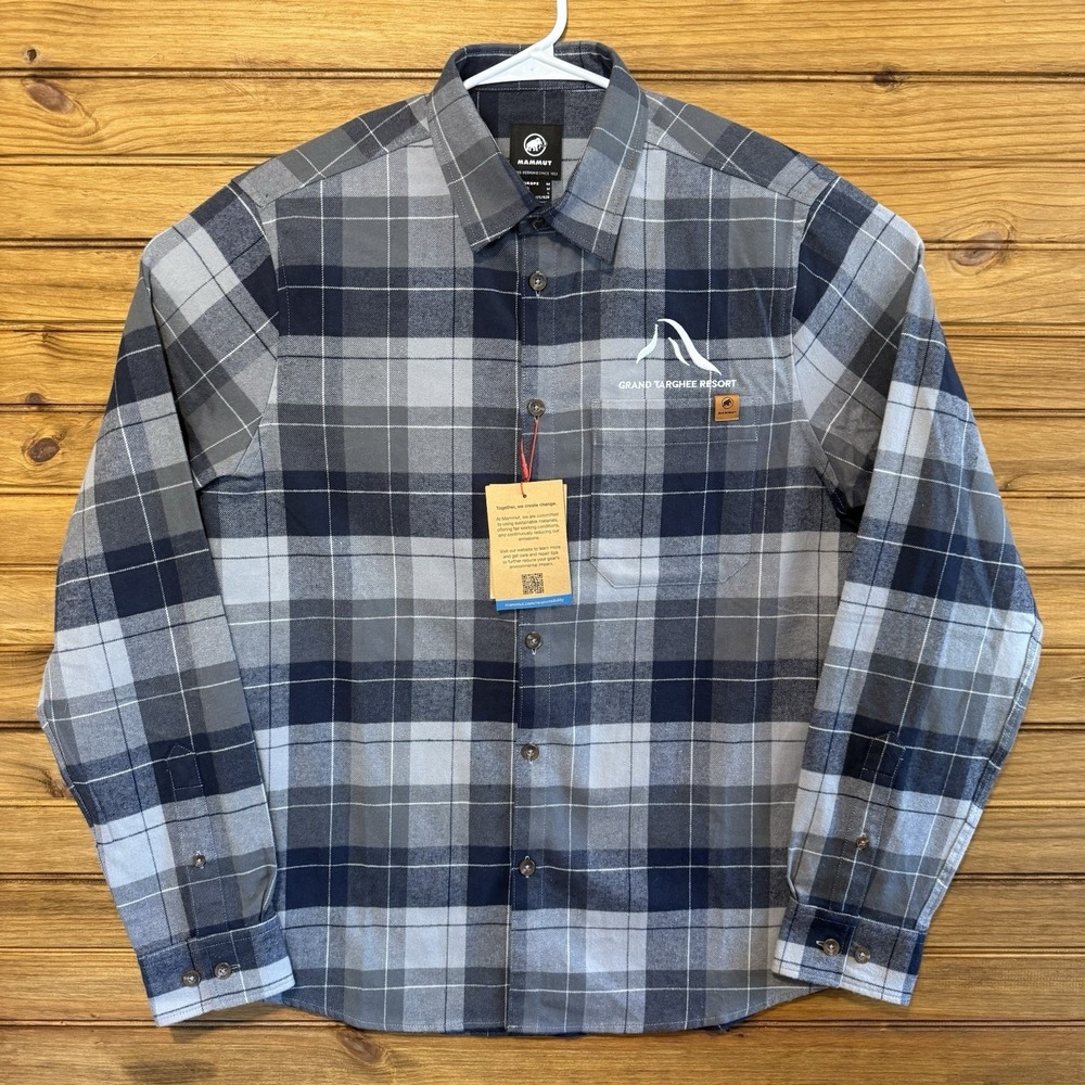Mammut Flannel Shirt Mens Medium Blue Gray Plaid Embroidered Long Sleeve NEW